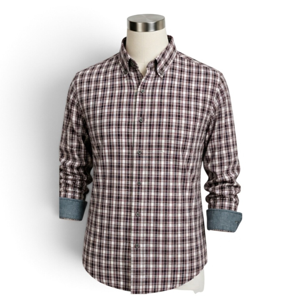 Adriano Goldschmied AG Shirt Mens L Burgundy Plaid Oxford Button Down Long Sleev